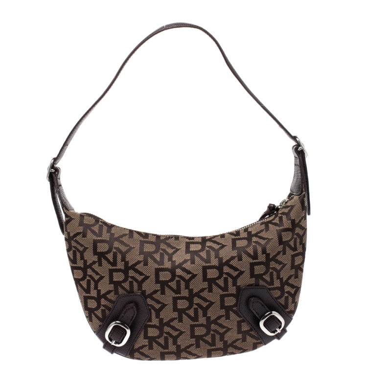 مملوكة مسبقًا DKNY Brown Signature Canvas and Lizard Embossed Leather Shoulder Bag