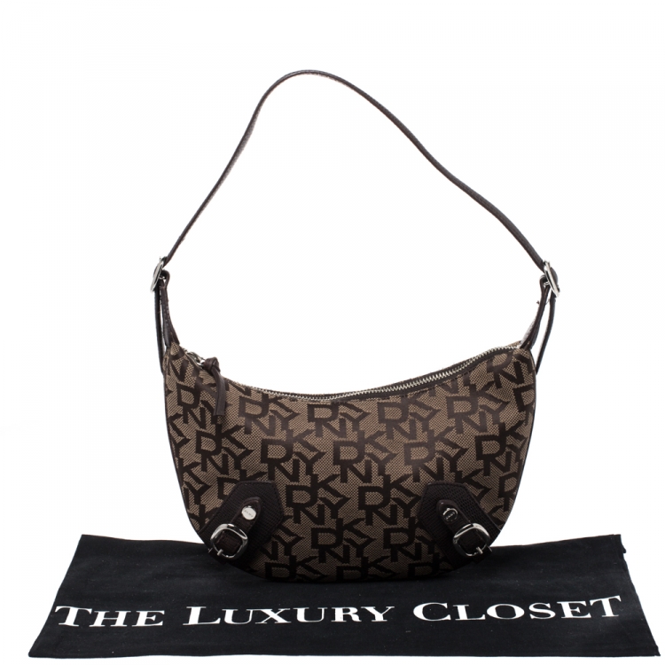 مملوكة مسبقًا DKNY Brown Signature Canvas and Lizard Embossed Leather Shoulder Bag