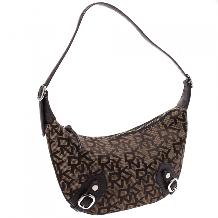 مملوكة مسبقًا DKNY Brown Signature Canvas and Lizard Embossed Leather Shoulder Bag