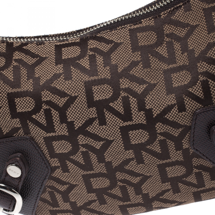مملوكة مسبقًا DKNY Brown Signature Canvas and Lizard Embossed Leather Shoulder Bag