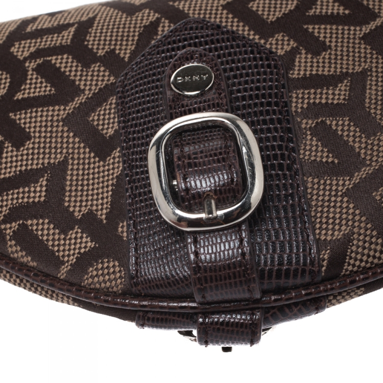 مملوكة مسبقًا DKNY Brown Signature Canvas and Lizard Embossed Leather Shoulder Bag