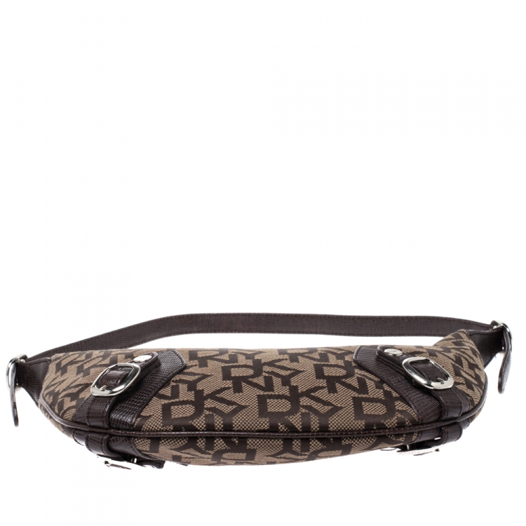 مملوكة مسبقًا DKNY Brown Signature Canvas and Lizard Embossed Leather Shoulder Bag