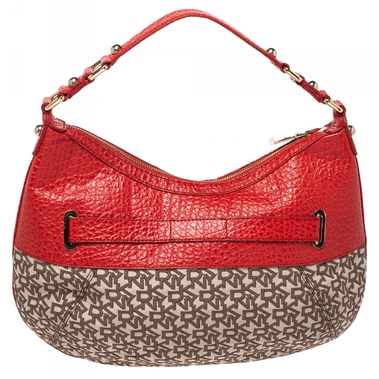Pre Owned Dkny Beige/Orange Signature Canvas and Leather Hobo