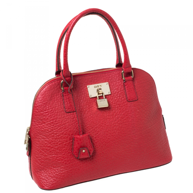 Pre Owned Dkny Red Grain Leather Padlock Dome Satchel