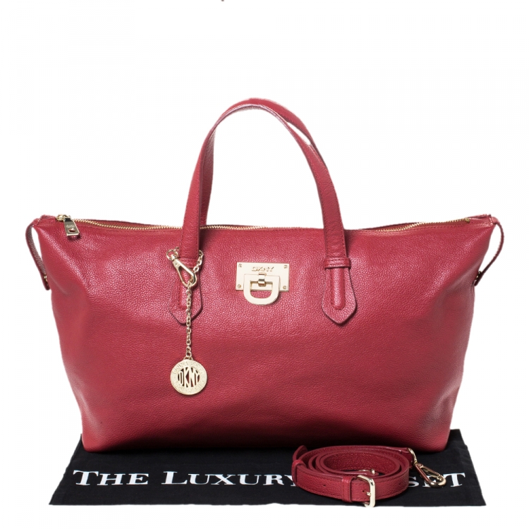 Pre Owned Dkny Red Leather Top Zip Tote
