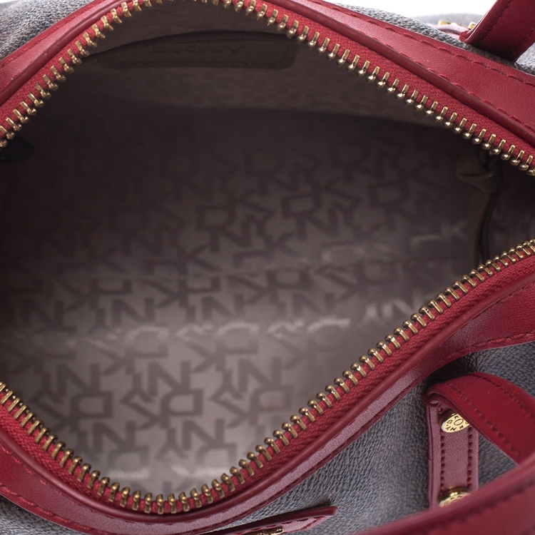 Pre Owned Dkny Brown/Red Monogram Coated Canvas and Leather Boston Bag