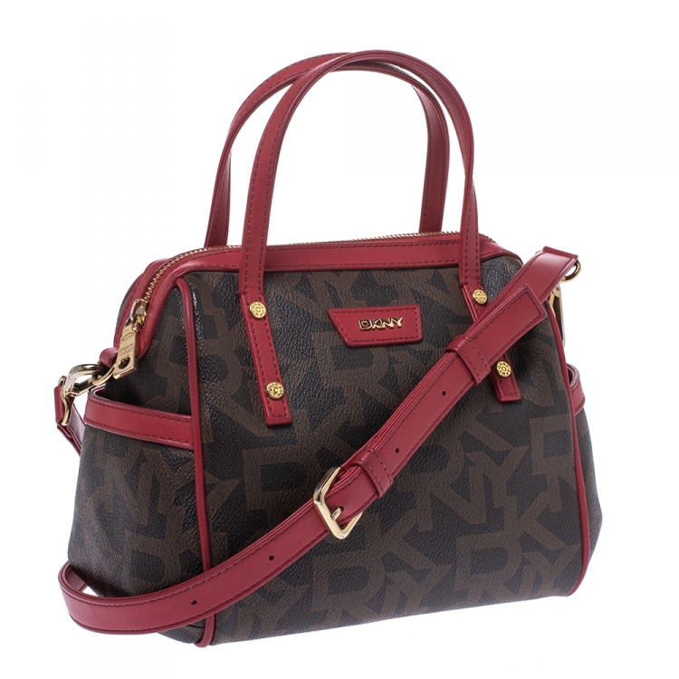 Pre Owned Dkny Brown/Red Monogram Coated Canvas and Leather Boston Bag