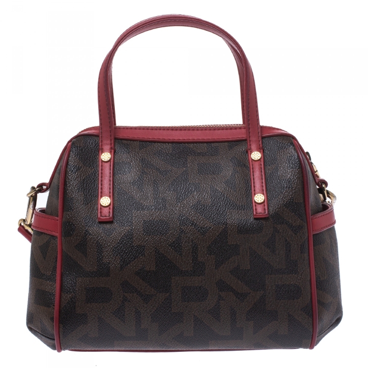Pre Owned Dkny Brown/Red Monogram Coated Canvas and Leather Boston Bag