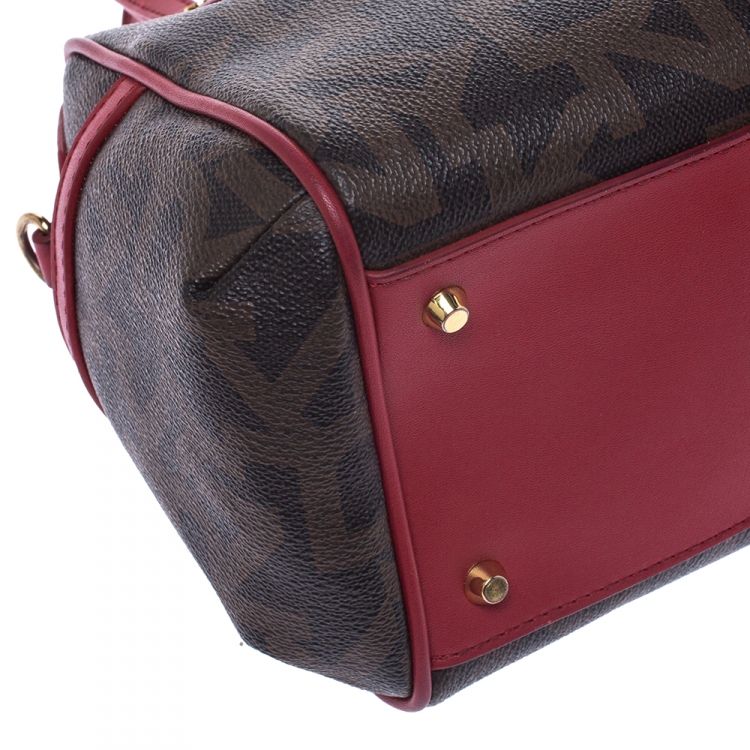 Pre Owned Dkny Brown/Red Monogram Coated Canvas and Leather Boston Bag