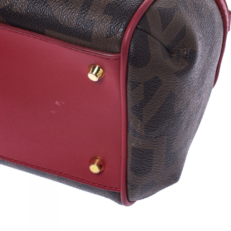 Pre Owned Dkny Brown/Red Monogram Coated Canvas and Leather Boston Bag