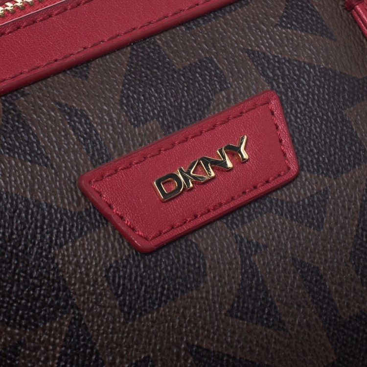Pre Owned Dkny Brown/Red Monogram Coated Canvas and Leather Boston Bag