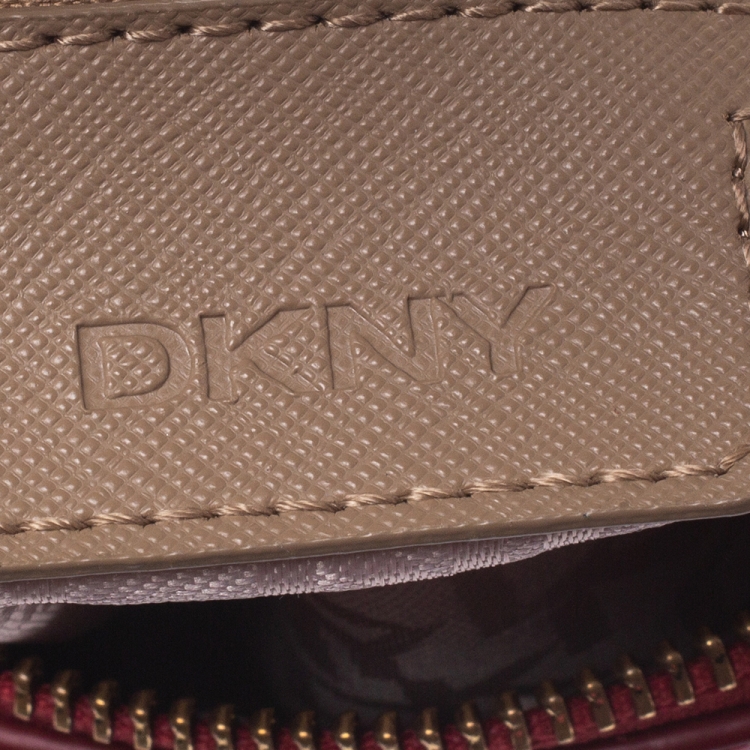 Pre Owned Dkny Brown/Red Monogram Coated Canvas and Leather Boston Bag