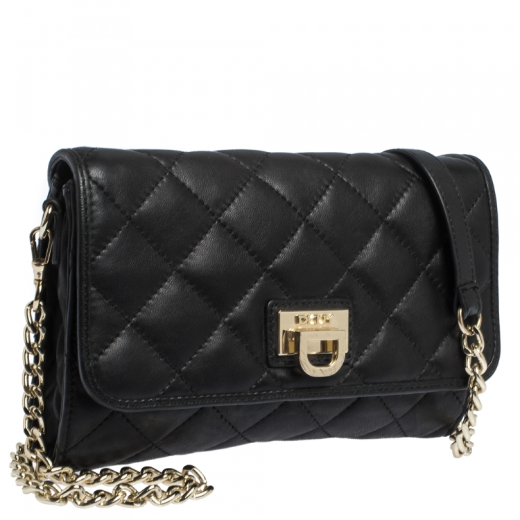 Pre Owned DKNY Black Quilted Leather Flap Chain Shoulder Bag