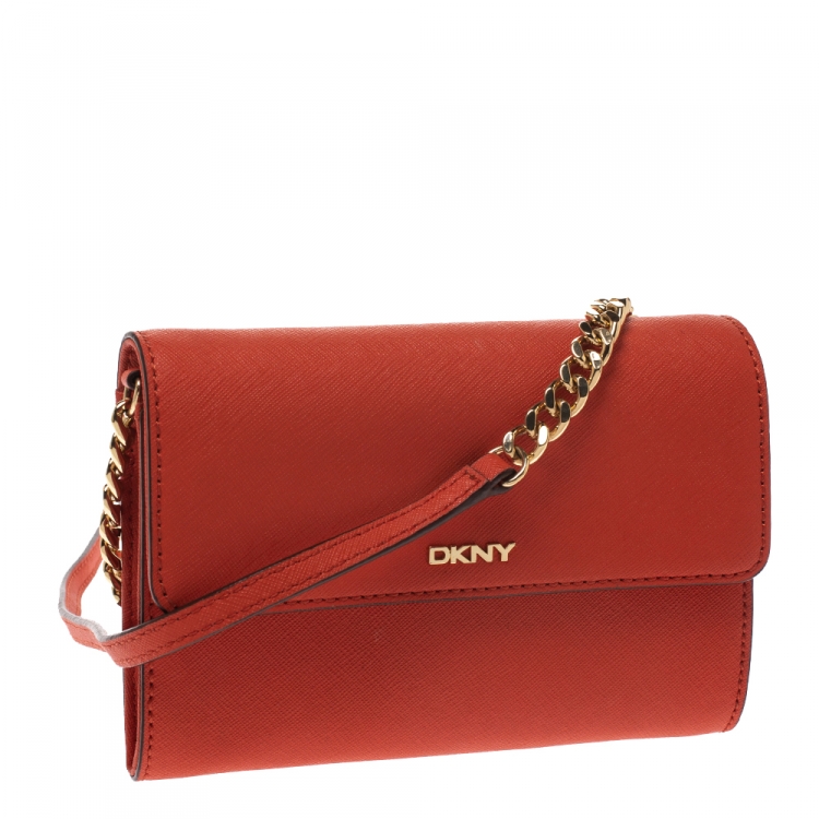Pre Owned Dkny Orange Leather Flap Shoulder Bag
