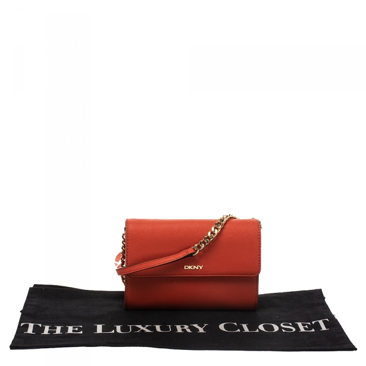 Pre Owned Dkny Orange Leather Flap Shoulder Bag