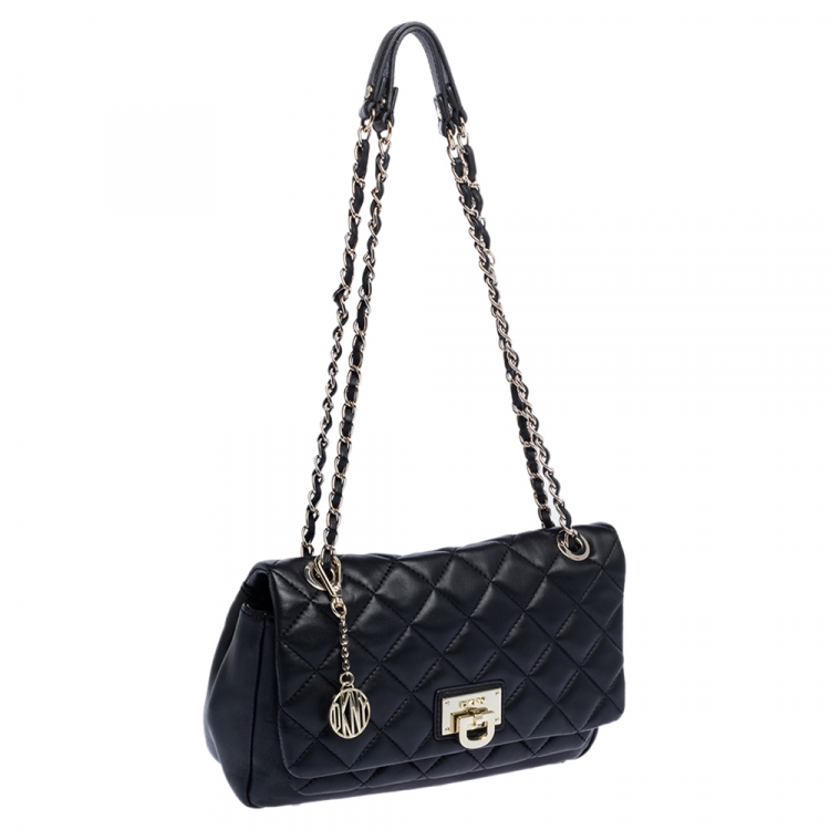 Pre Owned Dkny Black Quilted Leather Flap Shoulder Bag