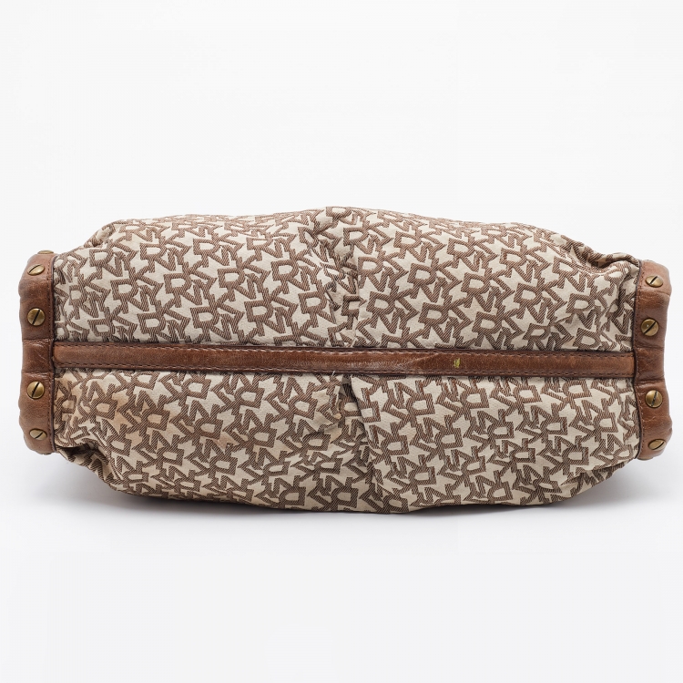 Pre Owned DKNY Brown/Beige Signature Canvas and Leather Studded Shoulder Bag
