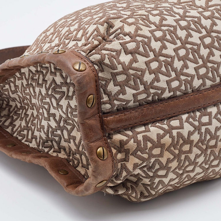 Pre Owned DKNY Brown/Beige Signature Canvas and Leather Studded Shoulder Bag