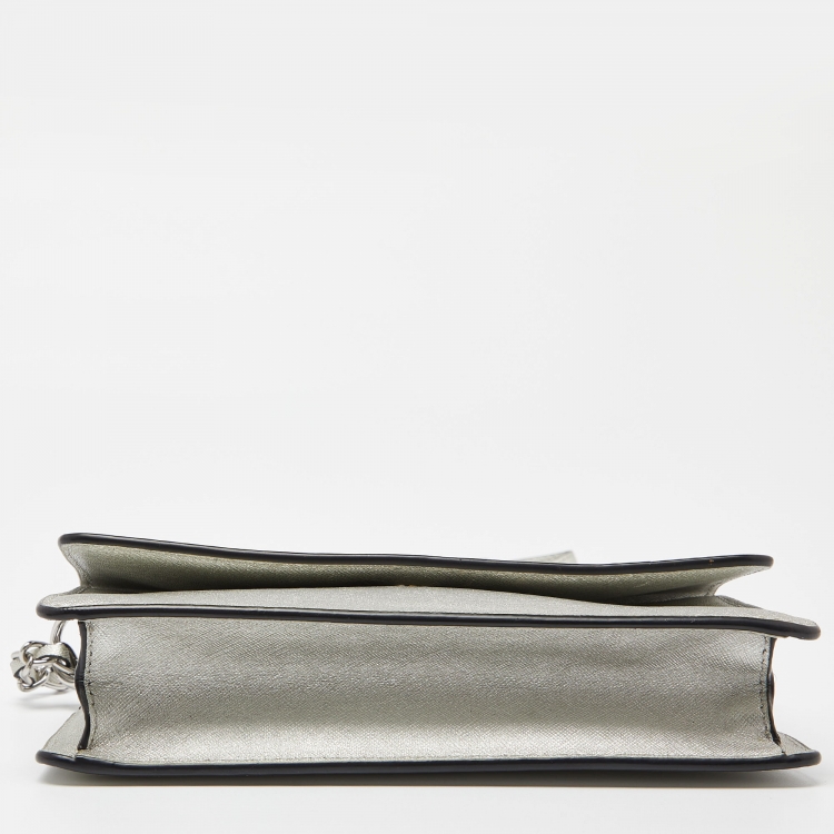 Pre Owned DKNY Silver Leather Bryant Flap Crossbody Bag