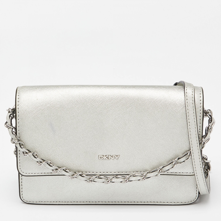 Pre Owned DKNY Silver Leather Bryant Flap Crossbody Bag