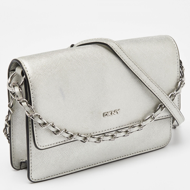 Pre Owned DKNY Silver Leather Bryant Flap Crossbody Bag