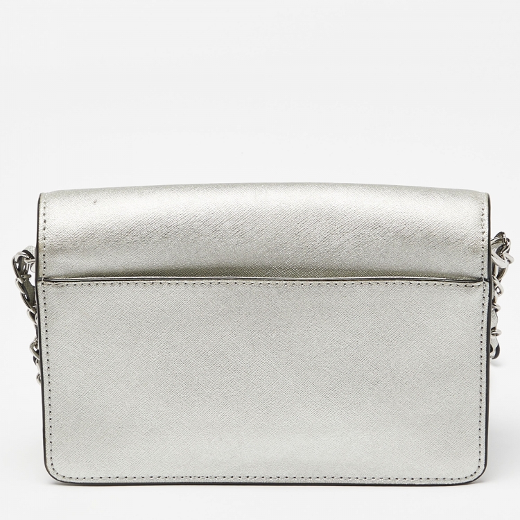 Pre Owned DKNY Silver Leather Bryant Flap Crossbody Bag