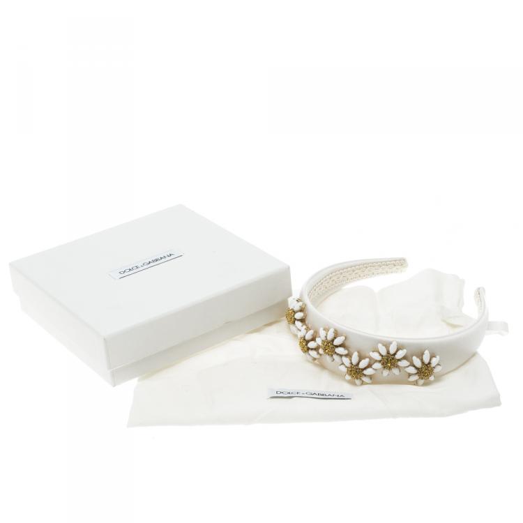 Pre Owned Dolce and Gabbana Daisy Flower Embellished White Satin Headband