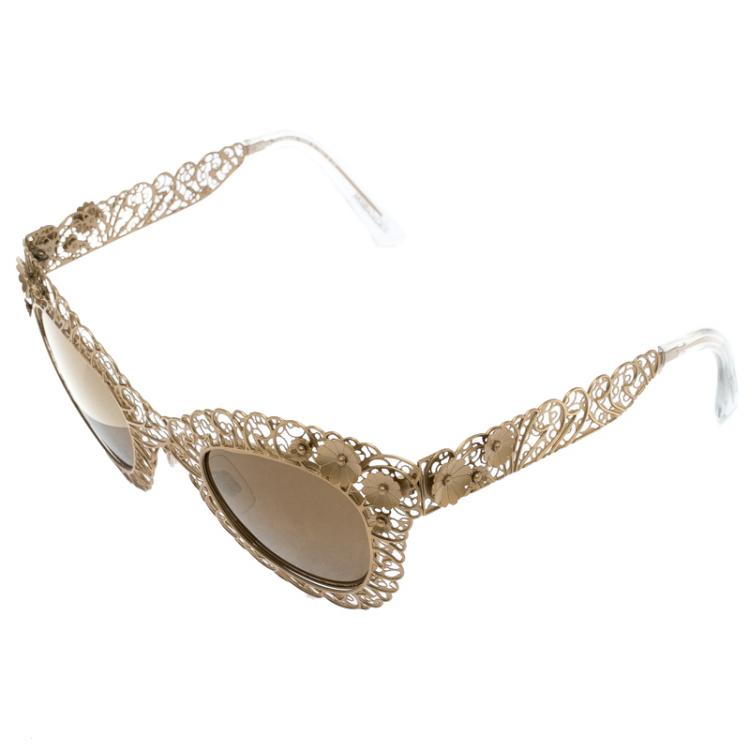 Pre Owned Dolce and Gabbana Gold DG2134 Filigree Cat Eye Sunglasses