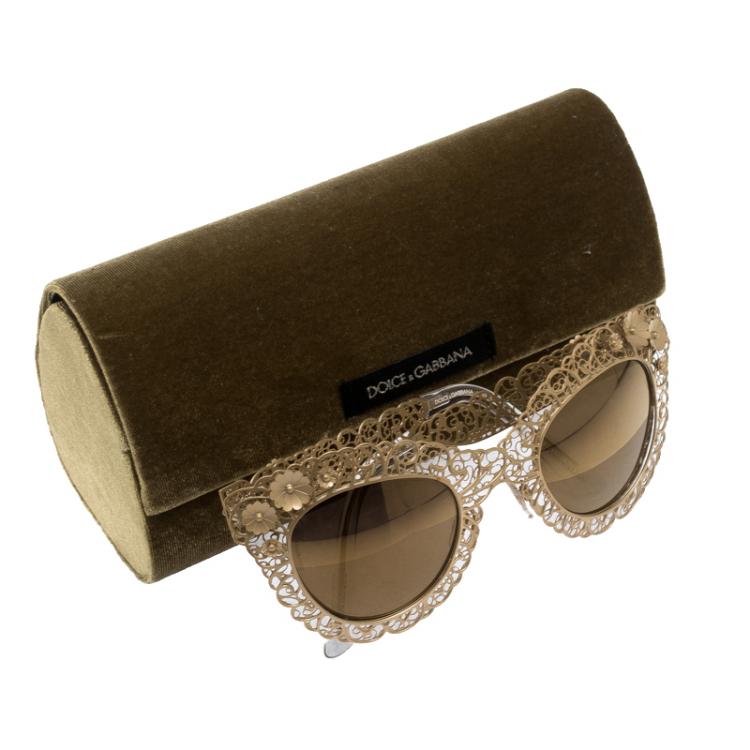 Pre Owned Dolce and Gabbana Gold DG2134 Filigree Cat Eye Sunglasses