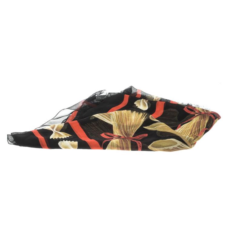 Pre Owned Dolce and Gabbana Black Pasta Printed Silk Scarf 