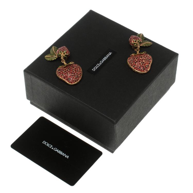 Pre Owned Dolce and Gabbana Big Strawberry Crystal Gold Tone Clip-on Drop Earrings 
