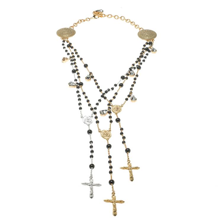 مملوكة مسبقًا Dolce and Gabbana Beaded Rosary Cross Multi Layer Necklace
