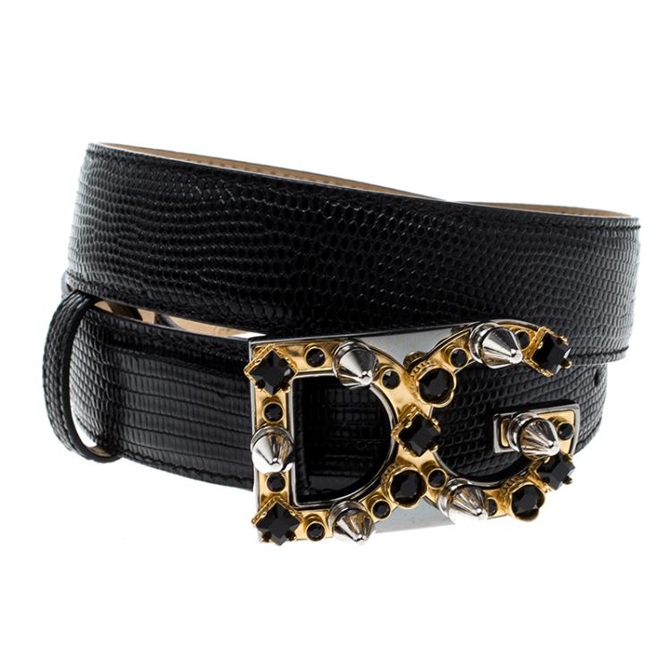 Dolce and Gabbana Black Iguana Leather DG Studded Logo Belt 70 CM Dolce ...