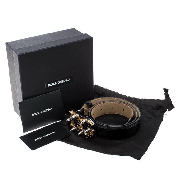 مملوكة مسبقًا Dolce and Gabbana Black Iguana Leather DG Studded Logo Belt 70 CM 