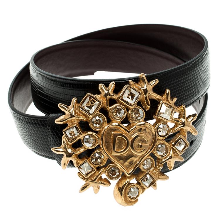 Pre Owned Dolce and Gabbana Black Lizard Crystal Embellished DG Heart Buckle Belt 70cm