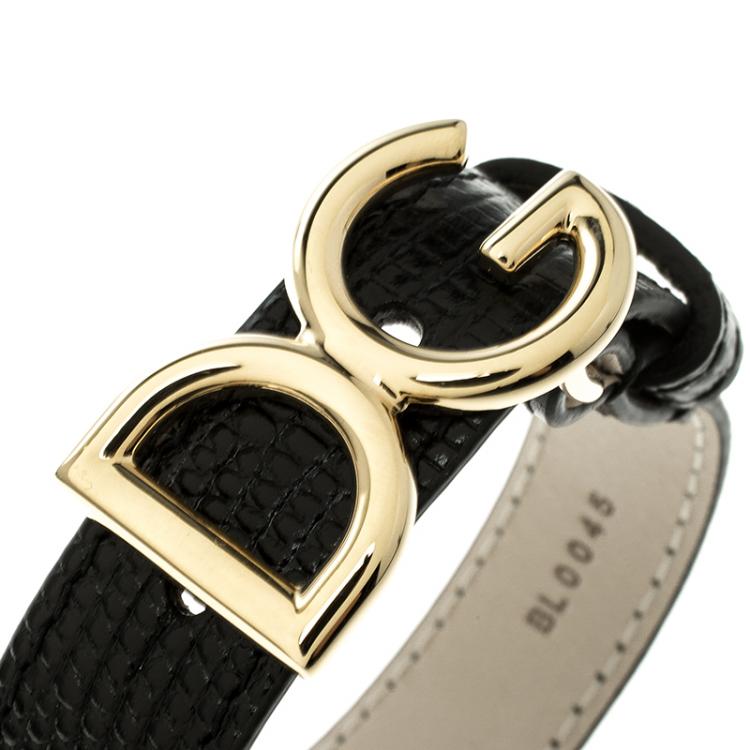 مملوكة مسبقًا Dolce and Gabbana Black Iguana Leather Gold Tone Logo Bracelet L