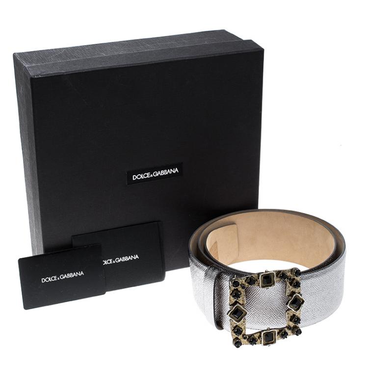 Pre Owned Dolce and Gabbana Silver Leather Crystal Embellished Buckle Belt 95cm