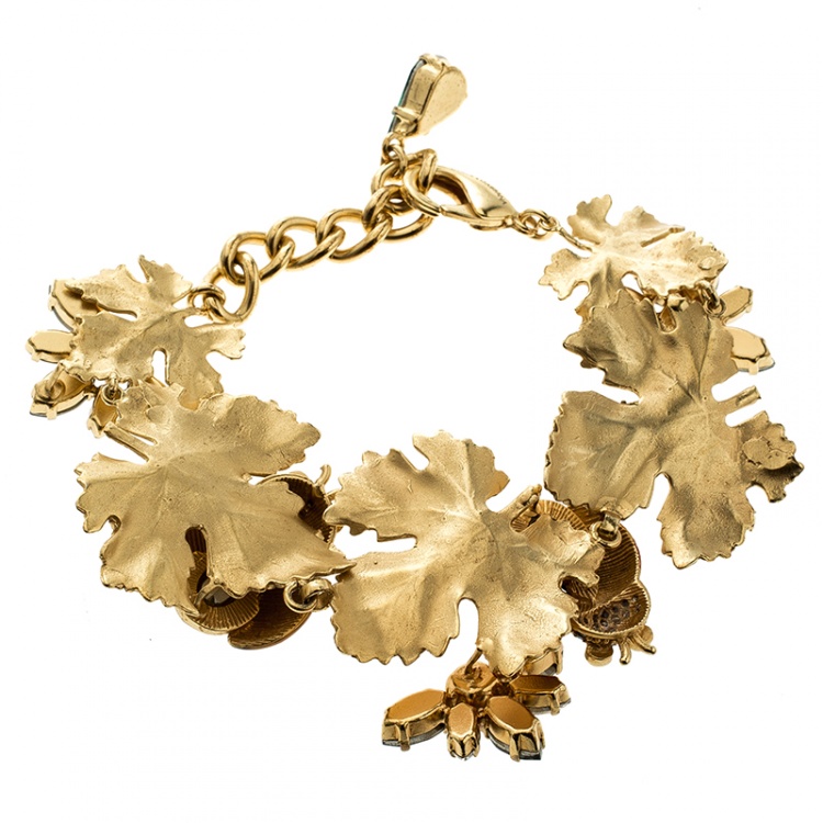 Pre Owned Dolce and Gabbana Ladybug Leaf Enamel Crystal Embellished Gold Tone Bracelet 