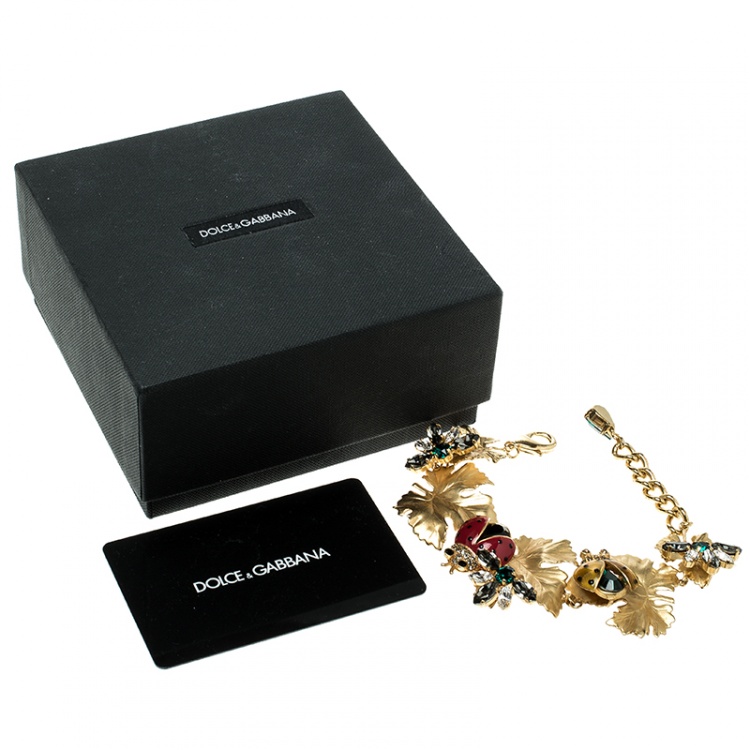 Pre Owned Dolce and Gabbana Ladybug Leaf Enamel Crystal Embellished Gold Tone Bracelet 