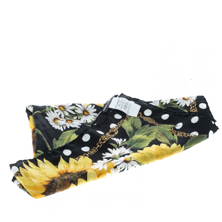Pre Owned Dolce and Gabbana Black Silk Floral Printed Dotted Square Scarf