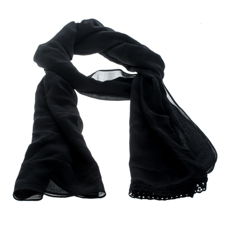 Pre Owned Dolce and Gabbana Black Silk Georgette Lace Edged Scarf