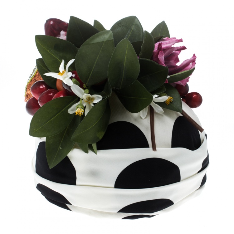 Pre Owned Dolce and Gabbana Polka Dotted Stretch Silk Embellished 3D Fruit Detail Turban L