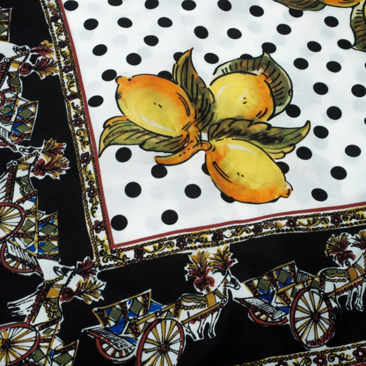 Pre Owned Dolce and Gabbana Lemon and Italian Cart Print Polka Dotted Silk Square Scarf