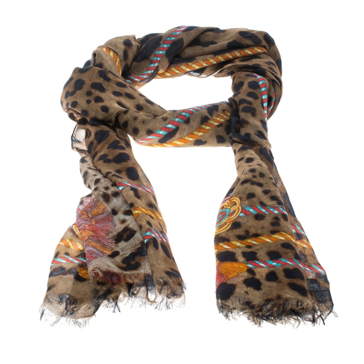 Pre Owned Dolce and Gabbana Leopard and Tassel Printed Modal and Cashmere Stole