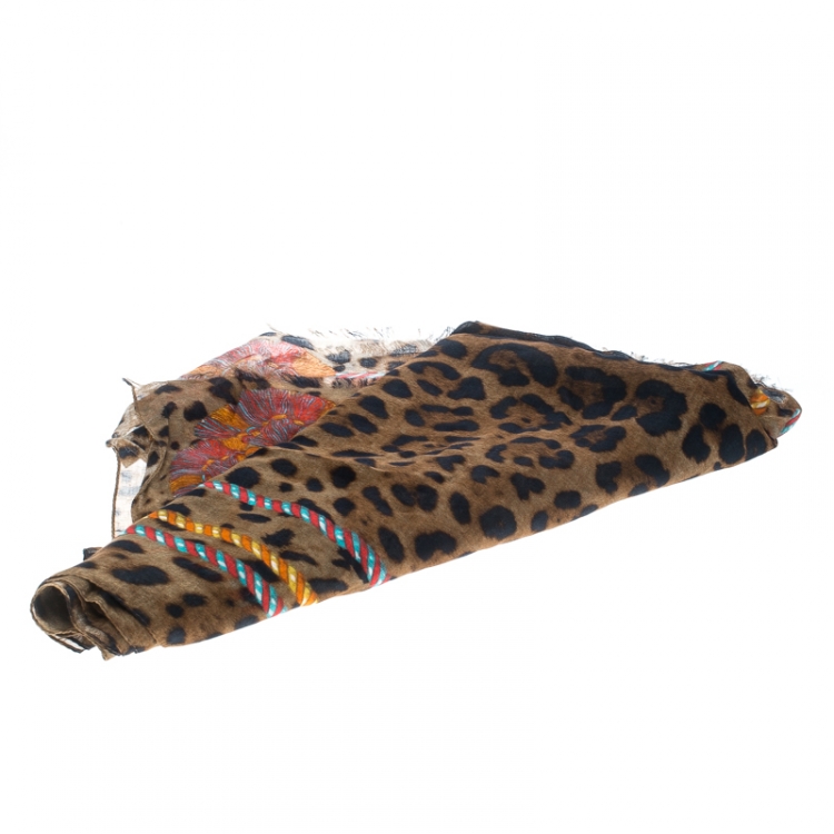 Pre Owned Dolce and Gabbana Leopard and Tassel Printed Modal and Cashmere Stole
