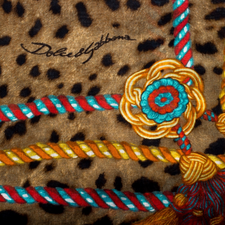 Pre Owned Dolce and Gabbana Leopard and Tassel Printed Modal and Cashmere Stole