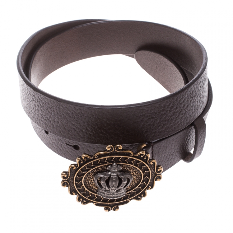Pre Owned Dolce & Gabbana Dark Brown Leather Crown Buckle Belt 85cm