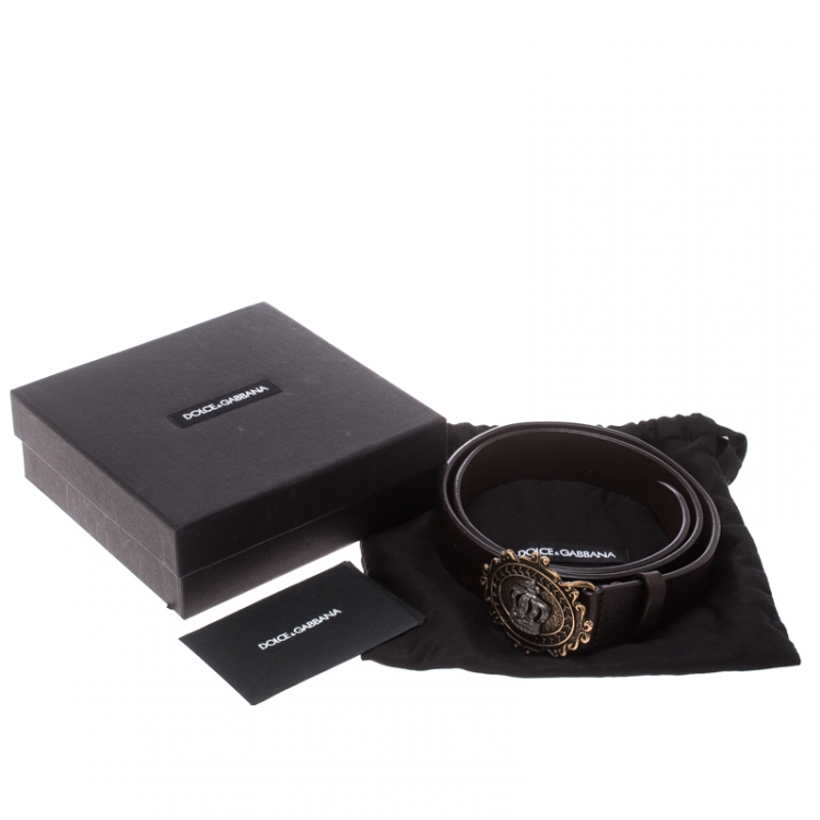 Pre Owned Dolce & Gabbana Dark Brown Leather Crown Buckle Belt 85cm