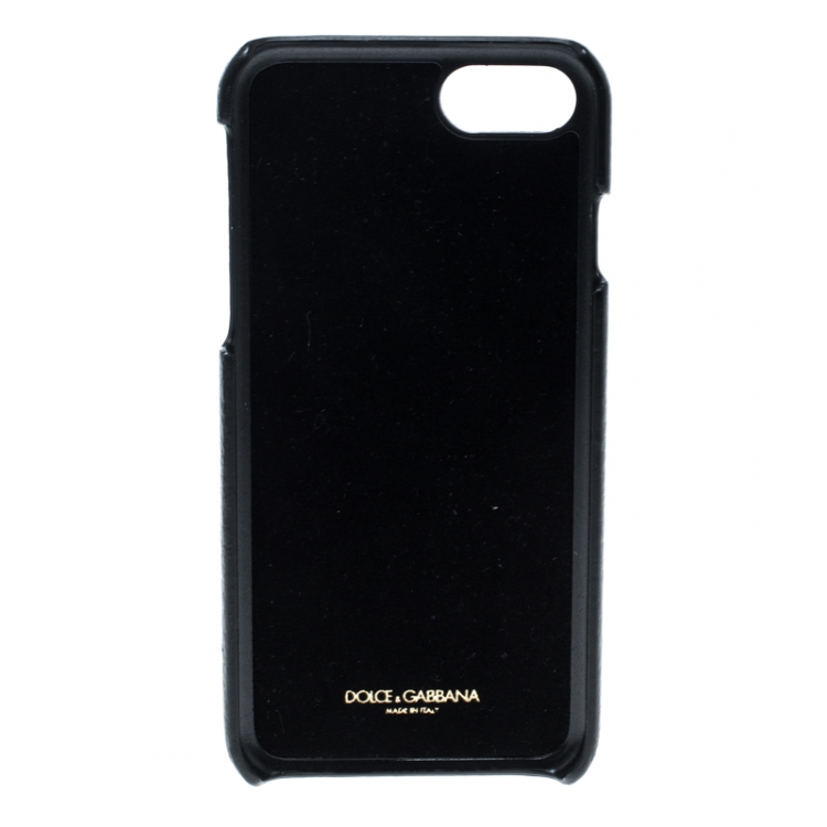 Pre Owned Dolce and Gabbana Black Leather Devil Designers Face Patch iPhone 7 Case