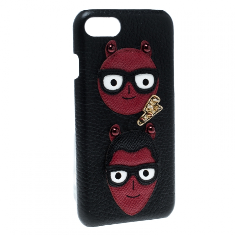 Pre Owned Dolce and Gabbana Black Leather Devil Designers Face Patch iPhone 7 Case